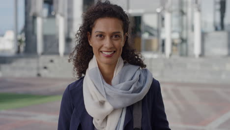 portrait successful mature business woman smiling enjoying professional urban lifestyle in city slow motion