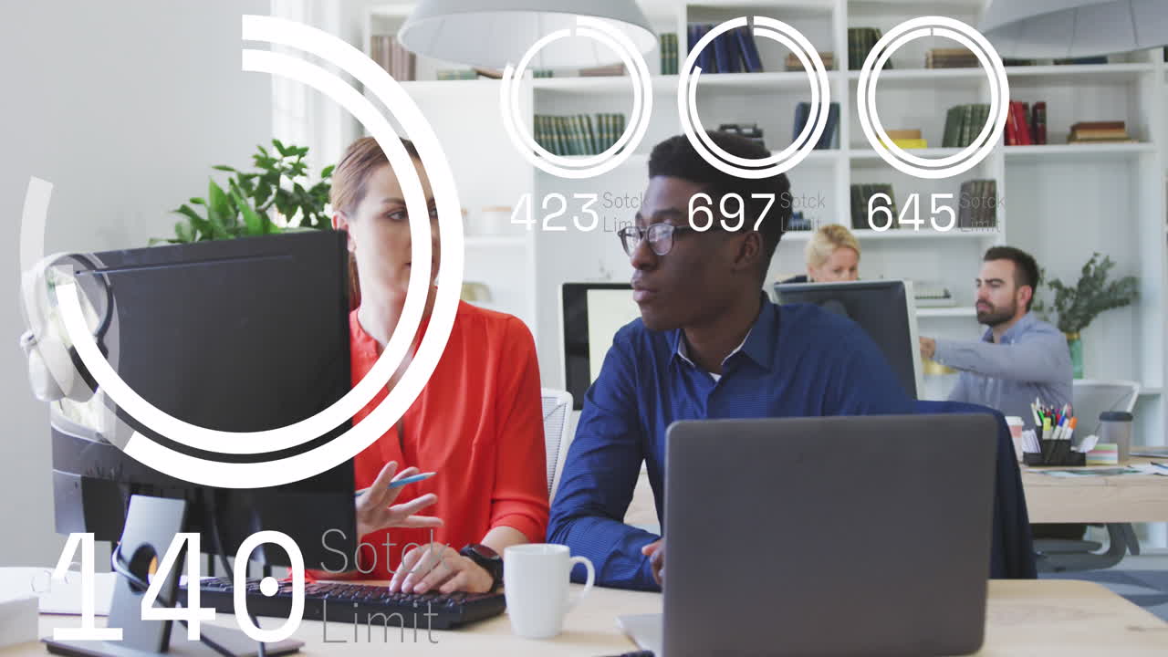 Animation of stock market data processing against diverse man and woman discussing at office