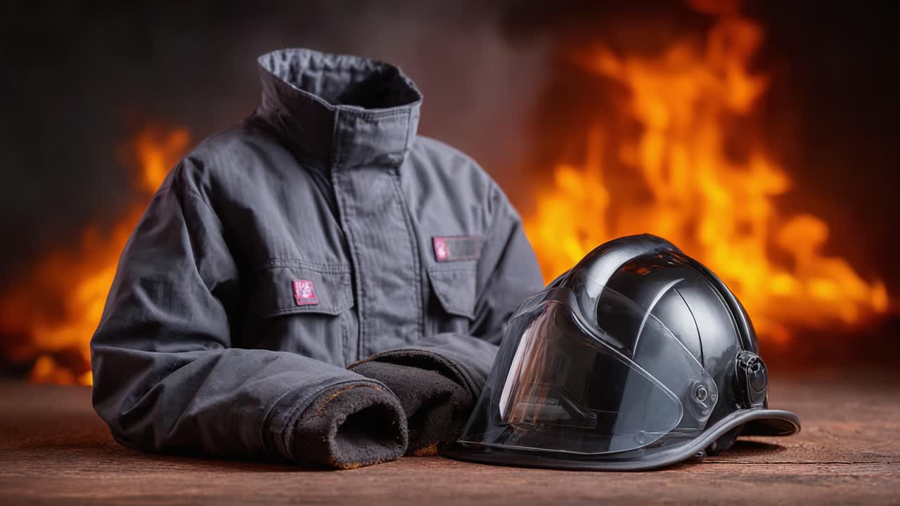 A Firefighter's Essential Gear: A Close-Up of Protective Jacket and Helmet Against a Fiery Background, Symbolizing Bravery and Preparedness in Firefighting