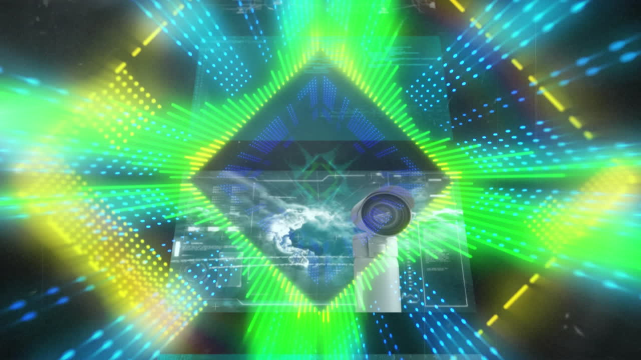 animación de formas caleidoscópicas en movimiento brillantes y red de conexiones sobre fondo negro