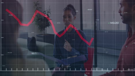 animation of red line and financial data processing over diverse business people in office