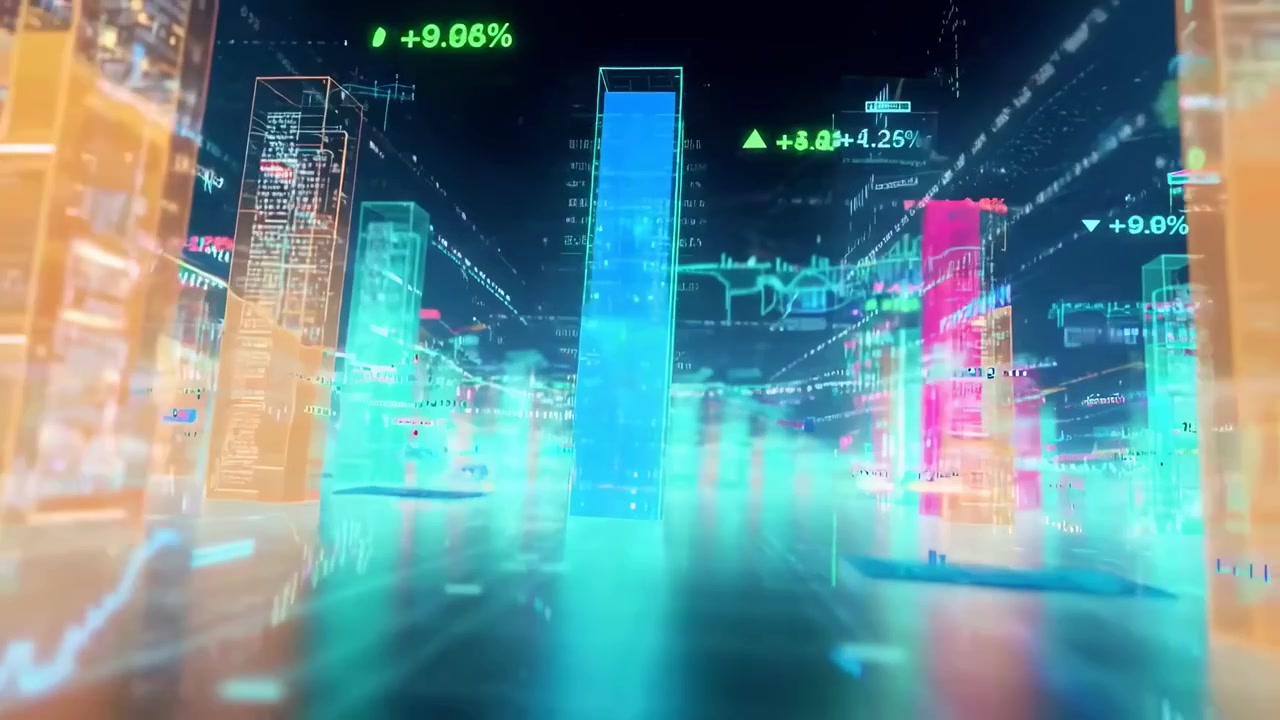 Visualizzazione digitale di dati finanziari con grafici a barre luminosi