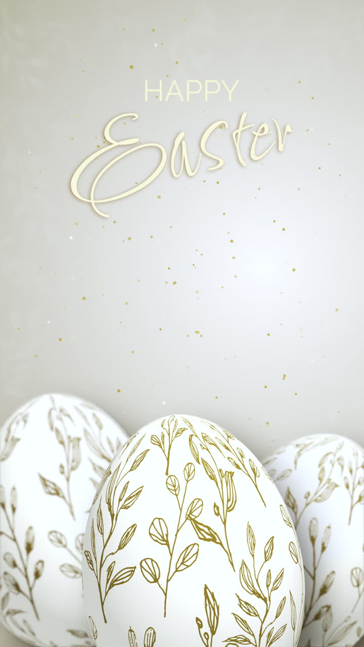 Composition of 3D Easter eggs with golden painted floral pattern. Holiday white background. Loop animation with copy space. Vertical video.