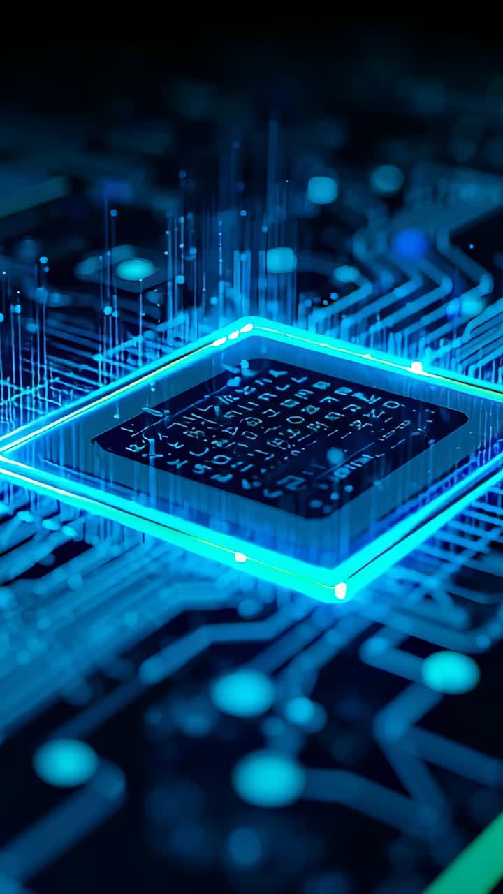 Vertical video: Soft pulse starting die emitting rising data on PCB neon frame signaling activation
