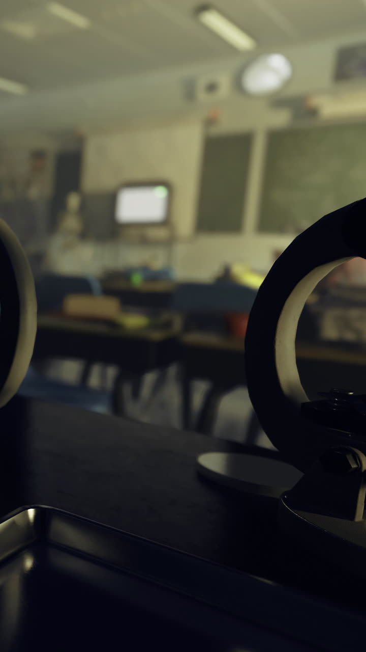 Klasseværelse med tomme stole og borde i skoletiden.