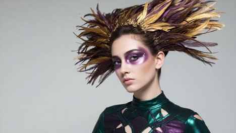a stunning visual transformation showcasing artistic makeup and unique headpiece design in an expressive fashion portrait