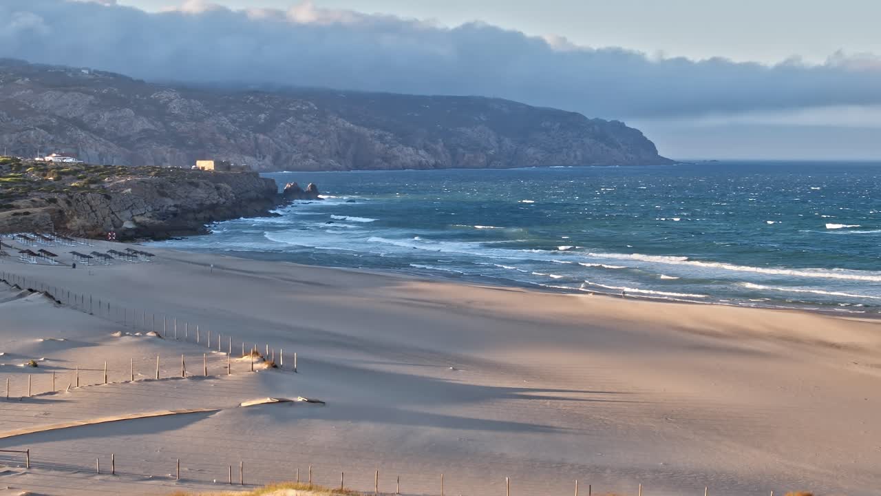 Views of the coastline and beach in Portugal during the late afternoon