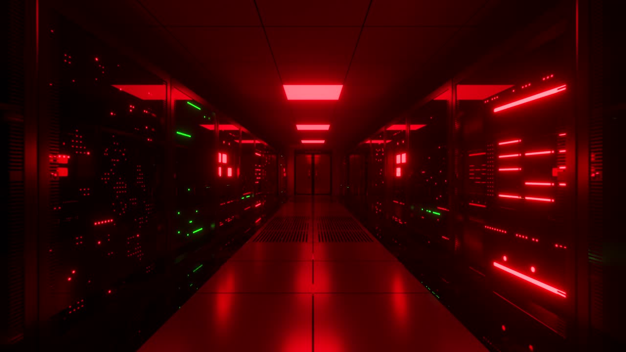 네온 조명과 함께 미래의 데이터 센터 복도