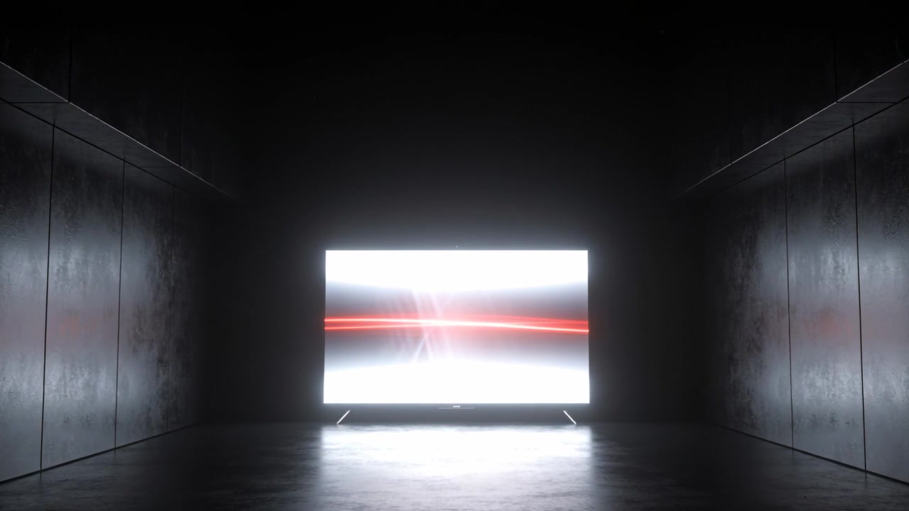 Pannello LED pulsante che emette una striscia rossa in movimento lungo un lungo corridoio, proiettando un bagliore sul pavimento e attirando l'attenzione