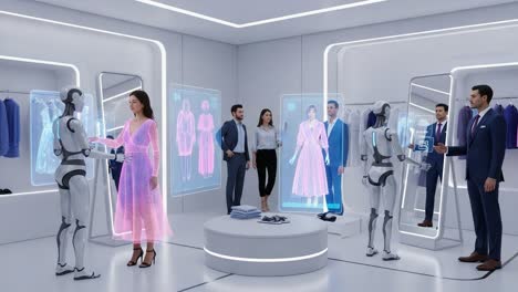 innovative interaction between humans and robots in a futuristic clothing store environment, showcasing advanced technology in fashion retail