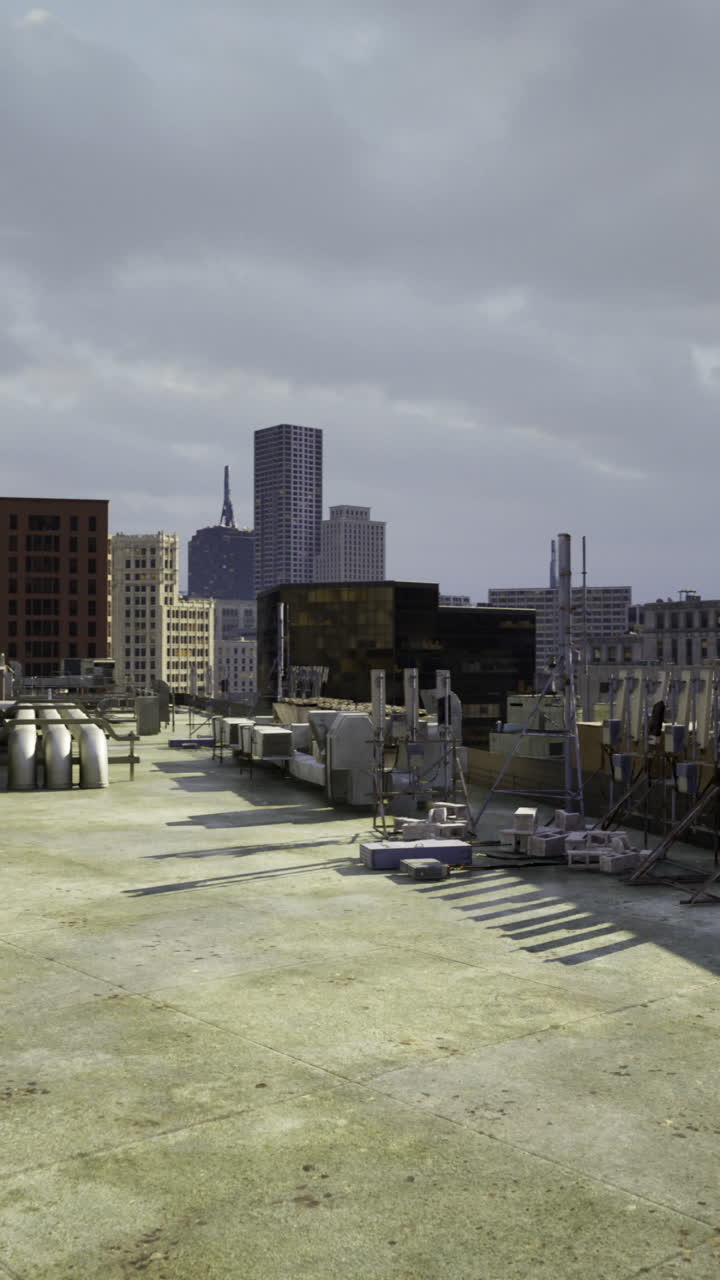 Urban landscape showcasing industrial buildings and city skyline during daytime