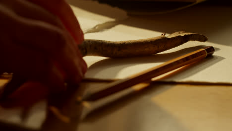 artist at work with a branch and pencil
