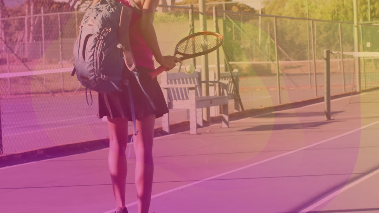 Tennis player holding racket, tracking animated speed gauge over outdoor court lines in sports ad