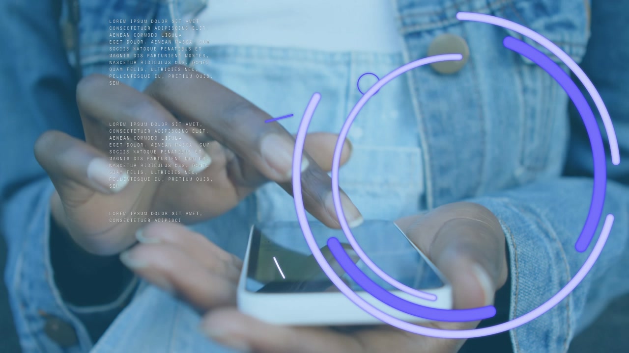 Animation of blue wave and data processing over african american women using smartphone