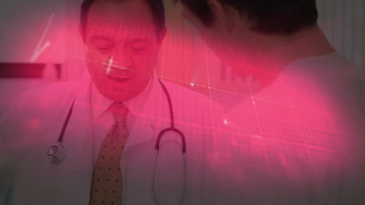 Medical doctor flipping patient chart and animating lab-result graphs guiding patient discussion