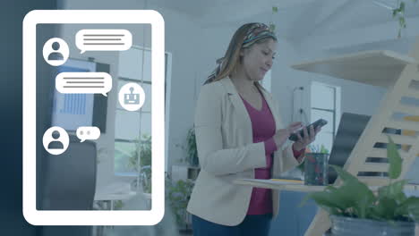 Ai web chat interface o tablet over biracial casual businesswoman using smartphone in office