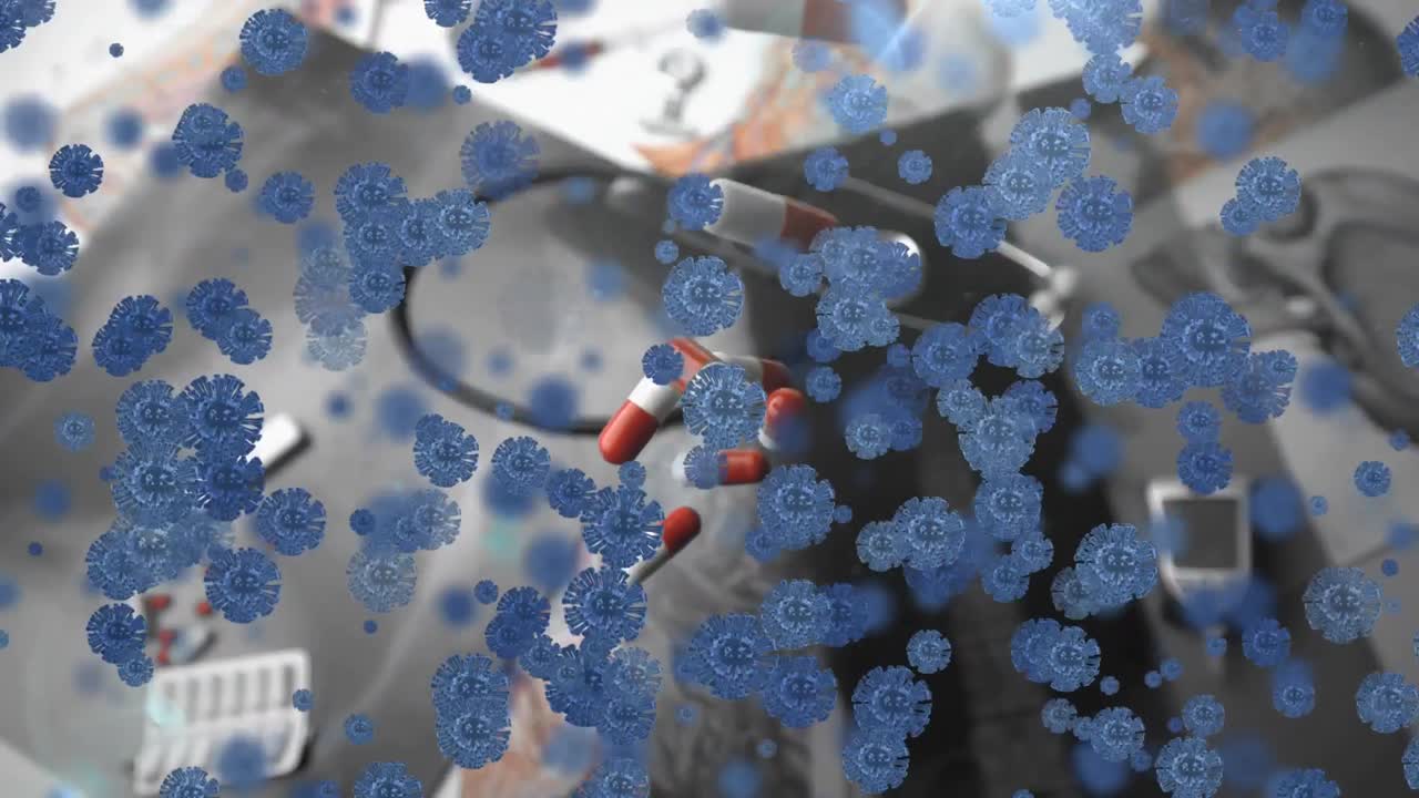 의료 장비와  ⁇ 스레이에 떨어지는 알약 위에 떠다니는 거대한 코로나19 세포의 애니메이션