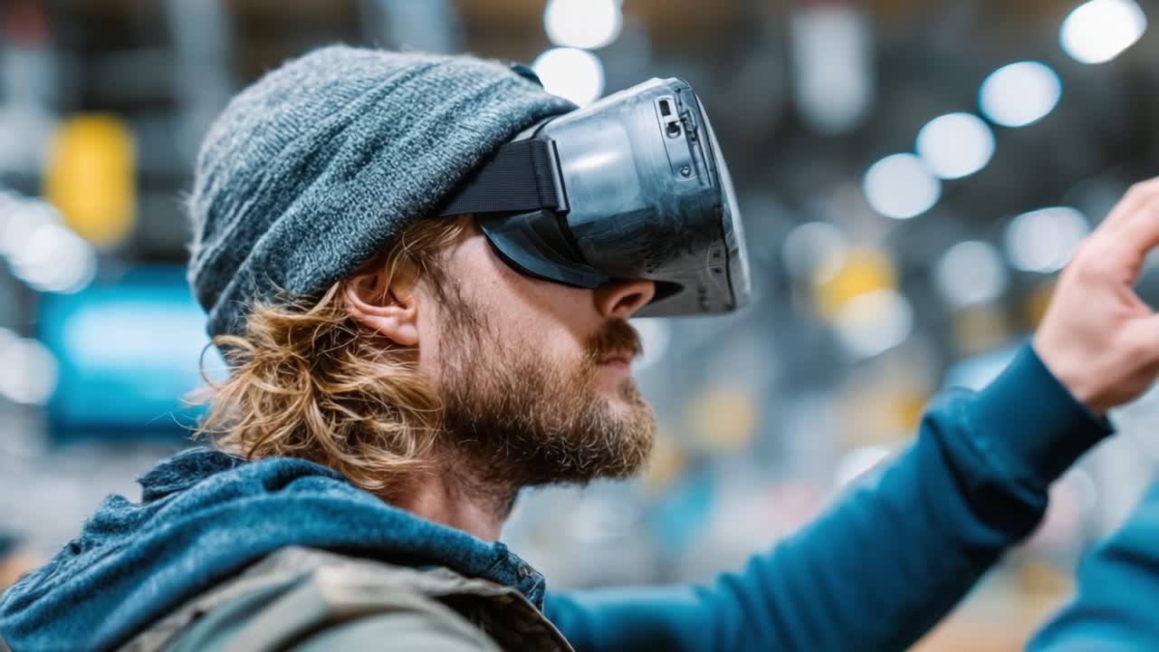 Exploring Virtual Reality: A Man Engaged with Advanced VR Technology, Immersed in Digital World Through Innovative Gear and Intense Focus in a Modern Environment