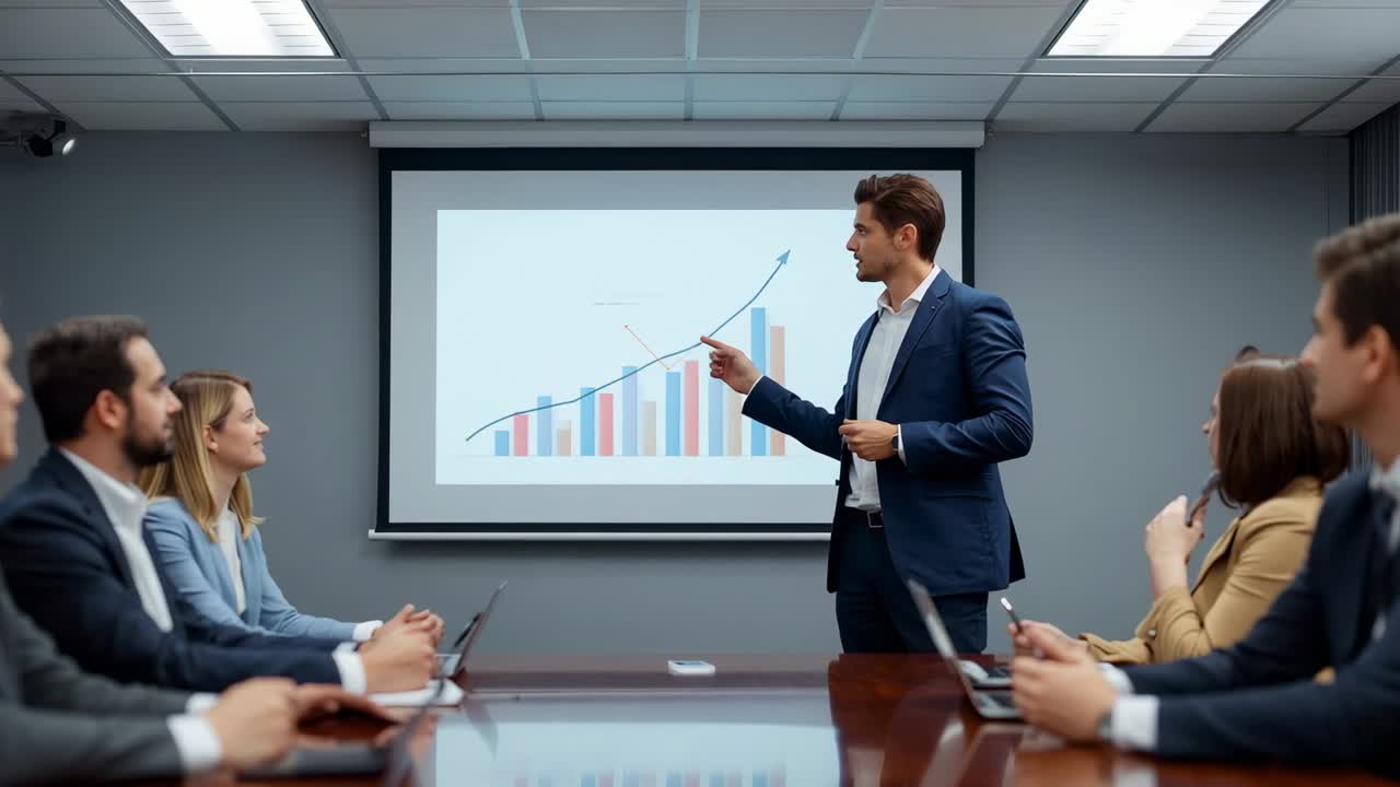 Chart appearing triggers presenter pointing at screen showing rising trend in boardroom, copy space