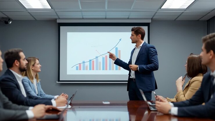 Chart appearing triggers presenter pointing at screen showing rising trend in boardroom, copy space