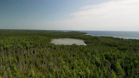 Aerial-view-of-forested-lake-along-lake-Huron,-Les-Cheneaux-Island,-Michigan