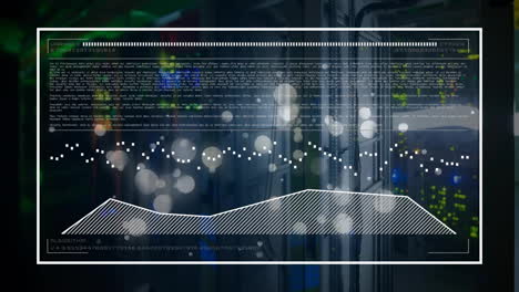 animation of data processing and light spots over server room on black background
