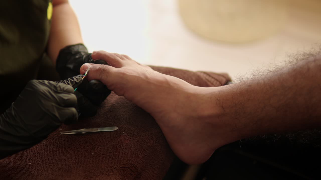 Primo piano di pedicure maschile, con l'uso di forbici e pinzette, presso un centro benessere medico di podologia