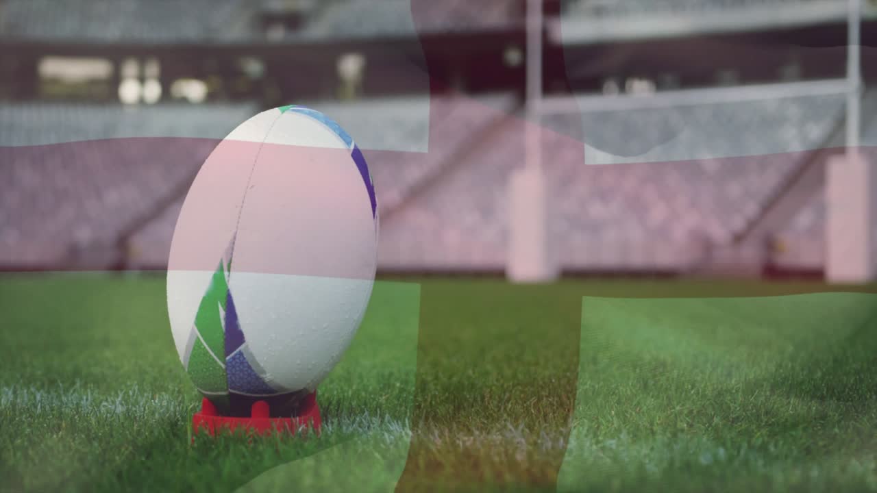 Rødt kors, der toner ind fra venstre på en rugbybold på en tee, fejer til højre og repræsenterer støtte til England.