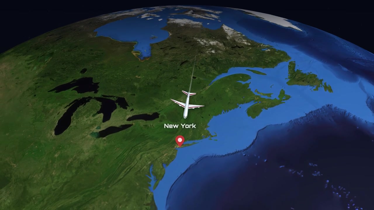 Satellite view animation follows a commercial airplane flying from Kuala Lumpur to New York City