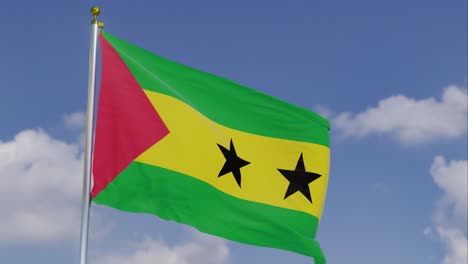 Flag-Of-Sao-Tome-and-Principe-Moving-In-The-Wind-With-A-Clear-Blue-Sky-In-The-Background,-Clouds-Slowly-Moving,-Flagpole,-Slow-Motion