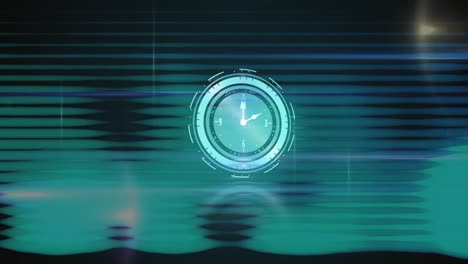 Animation-of-clock-over-blue-lines-on-dark-background