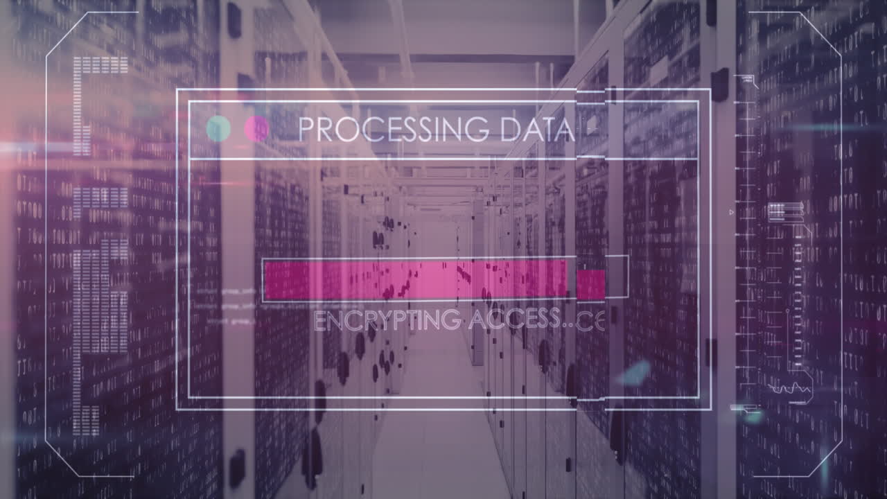 Animation of interface with data processing and mosaic squares against computer server room