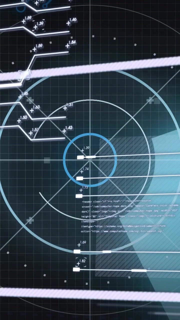 Video verticale: GUI del radar che ruota, scansione rosa che entra dall'alto a sinistra, illuminando i nodi, mostrando il 2013.