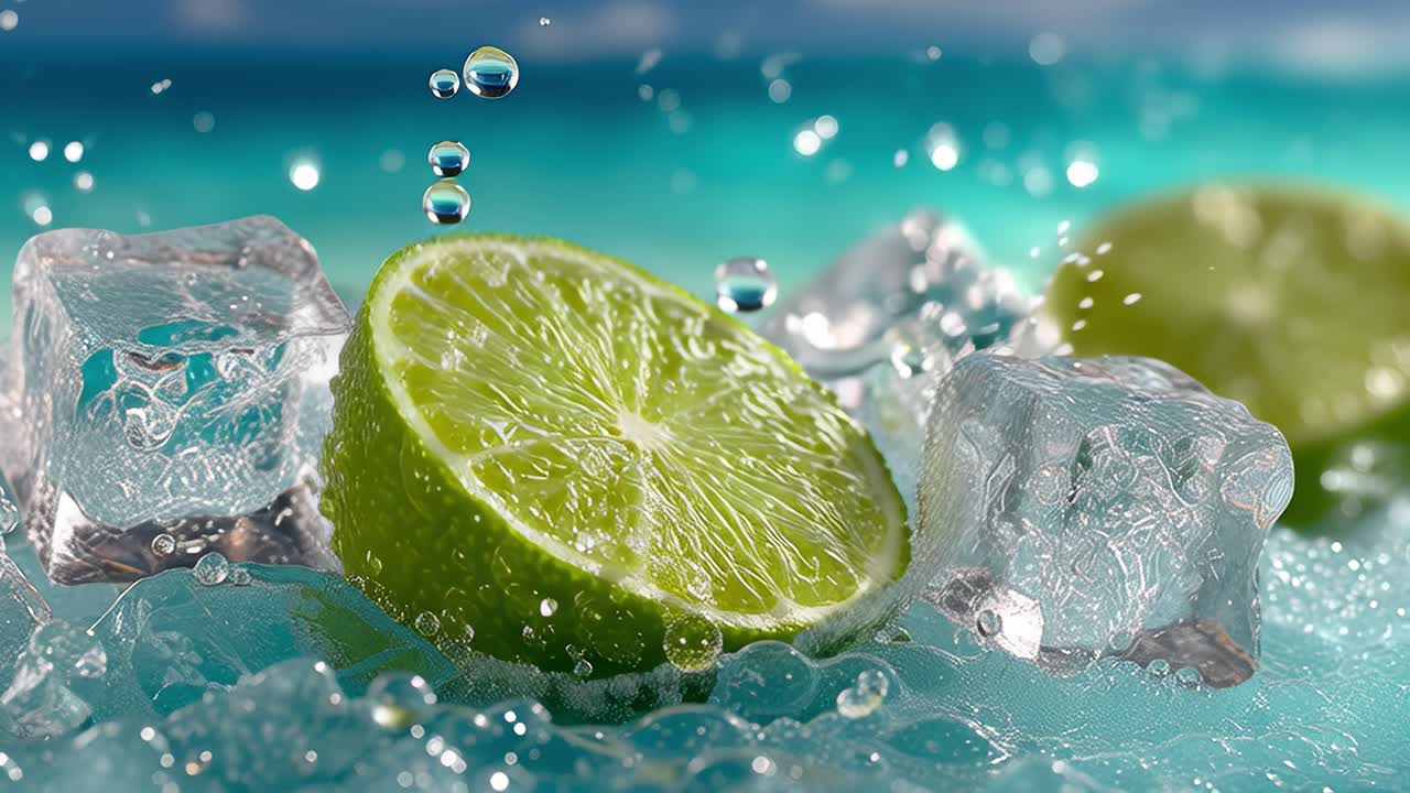 Lime splashing with ice cubes in water