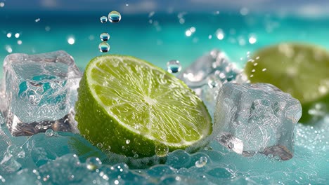 lime splashing with ice cubes in water