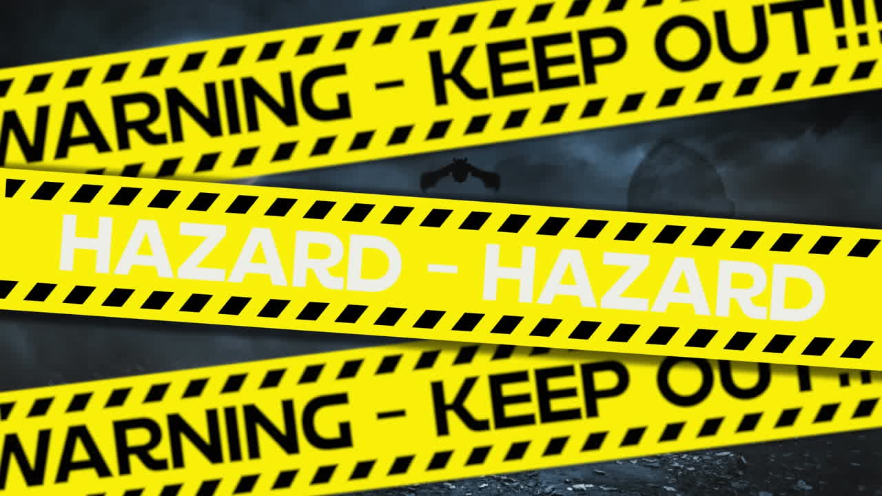 animación del texto de covid 19 en cintas amarillas sobre murciélagos