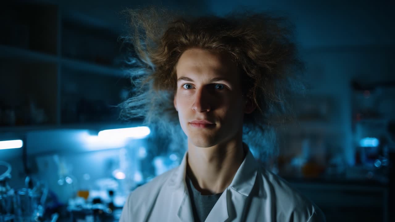 A Young Scientist with Wild Hair in a Dimly Lit Laboratory Focused on Chemistry Experiments and Scientific Discoveries in Atmospheric Lighting