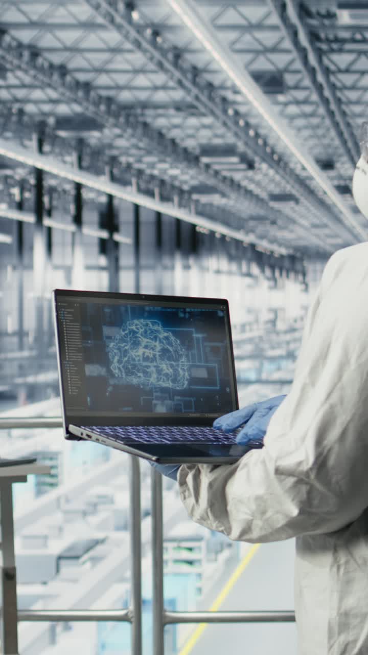 Vertical video Hardware developers in microchip factory using AI to optimize semiconductor