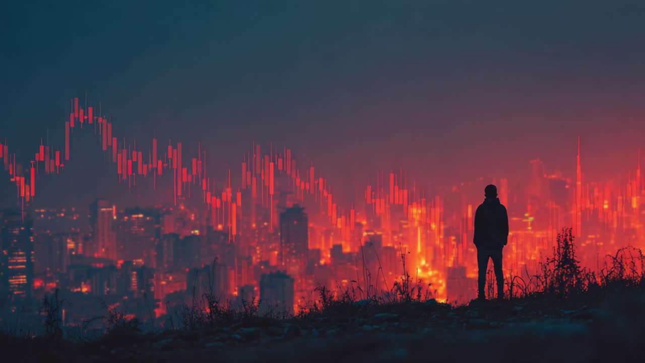 A solitary figure gazes over a glowing cityscape filled with dynamic stock market trends, representing a blend of human contemplation and futuristic urban vitality