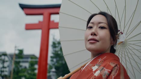 woman in kimono with umbrella in front of torii gate