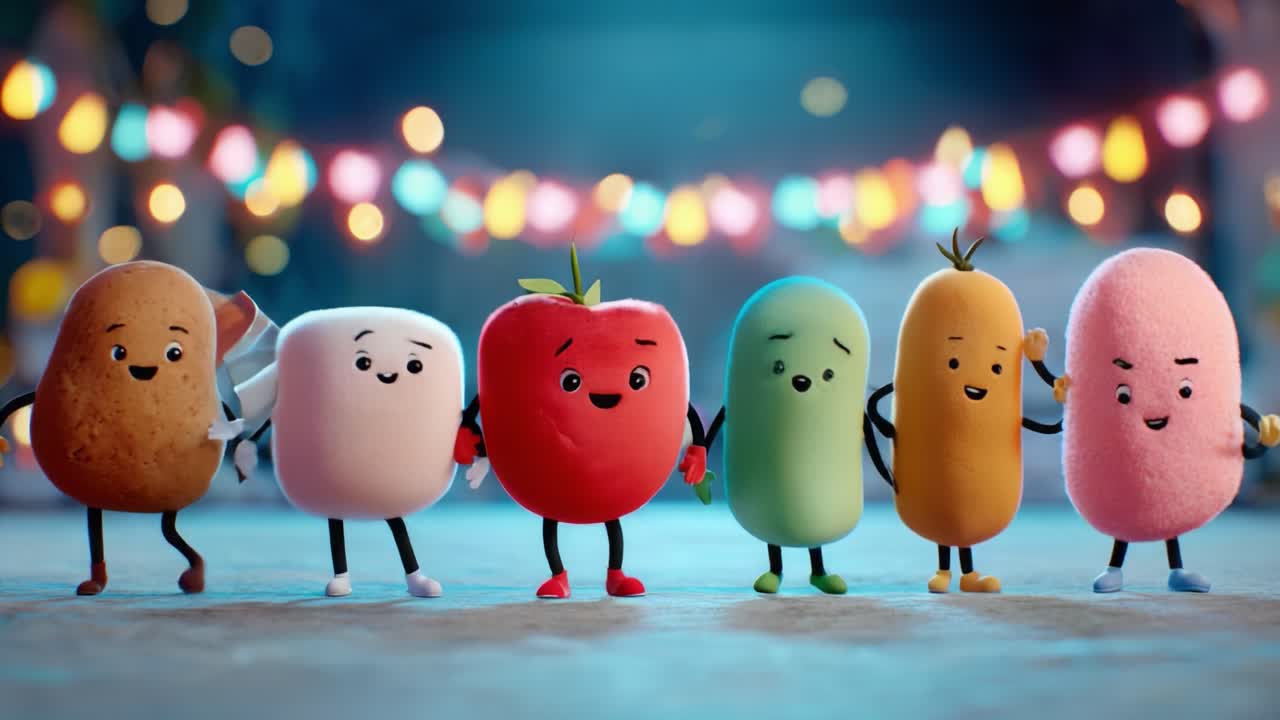 Animated Characters Showcasing Friendship and Fun in a Colorful Celebration, Featuring a Unique Ensemble of Playful Food-Inspired Personalities with Distinctive Traits and Features
