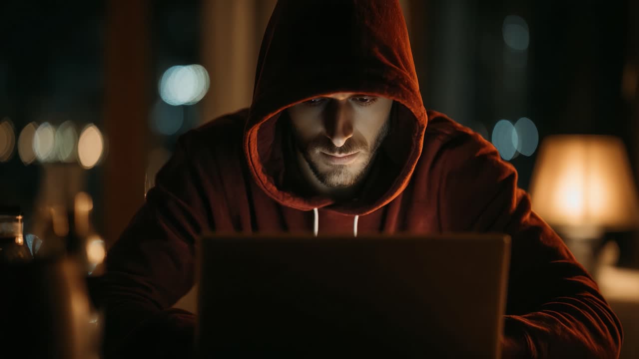 Un Individuo Concentrato in felpa con cappuccio, Impegnato in Intenso Lavoro allo Schermo, Illuminato da Luce Ambientale in un Ambiente Buio e Accogliente.
