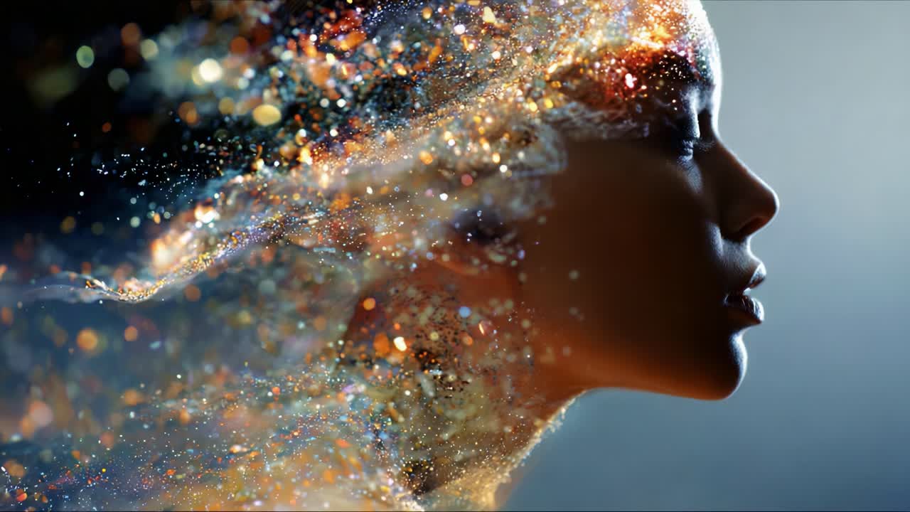 A mesmerizing composition showcasing a profile of a figure adorned with swirling luminescent particles, creating an ethereal representation of beauty and creativity in motion