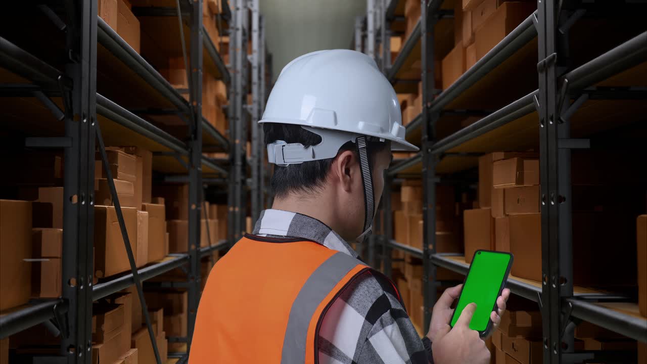 Close Up Back View Of Asian Male Engineer With Safety Helmet Standing In The Warehouse With Shelves Full Of Delivery Goods. Zoom In Green Screen Smartphone And Looking Around The Storage