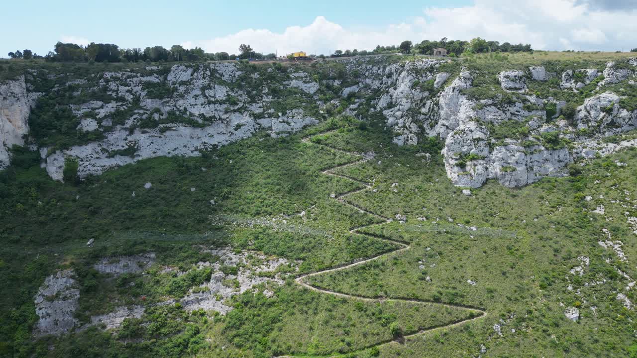 Aerial drone footage of Cava del Cassibile, Sicily: deep canyon with turquoise river, rocky cliffs, and lush nature. Perfect for travel, adventure, and nature documentary projects