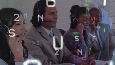 Animation-of-financial-data-processing-over-diverse-colleagues-talking-on-phone-headsets-at-office