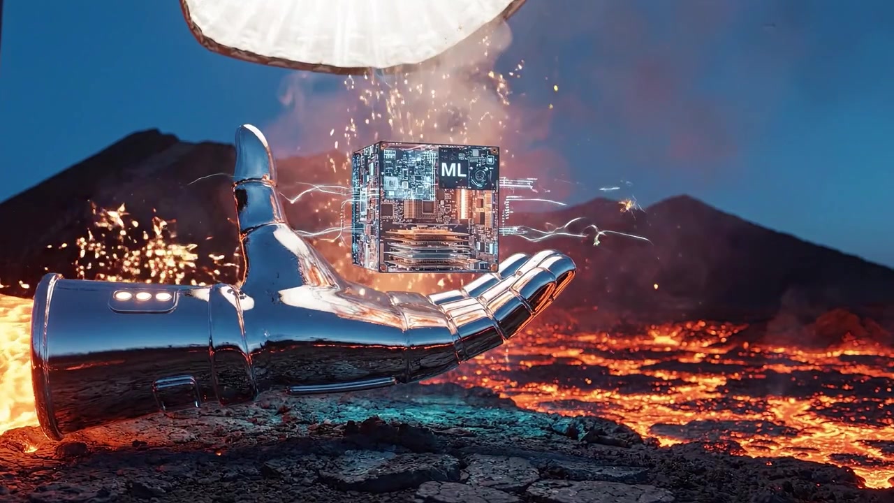 A futuristic robotic hand offering a glowing machine learning cube above a volcanic landscape, symbolizing technology's evolution amidst raw nature's power.