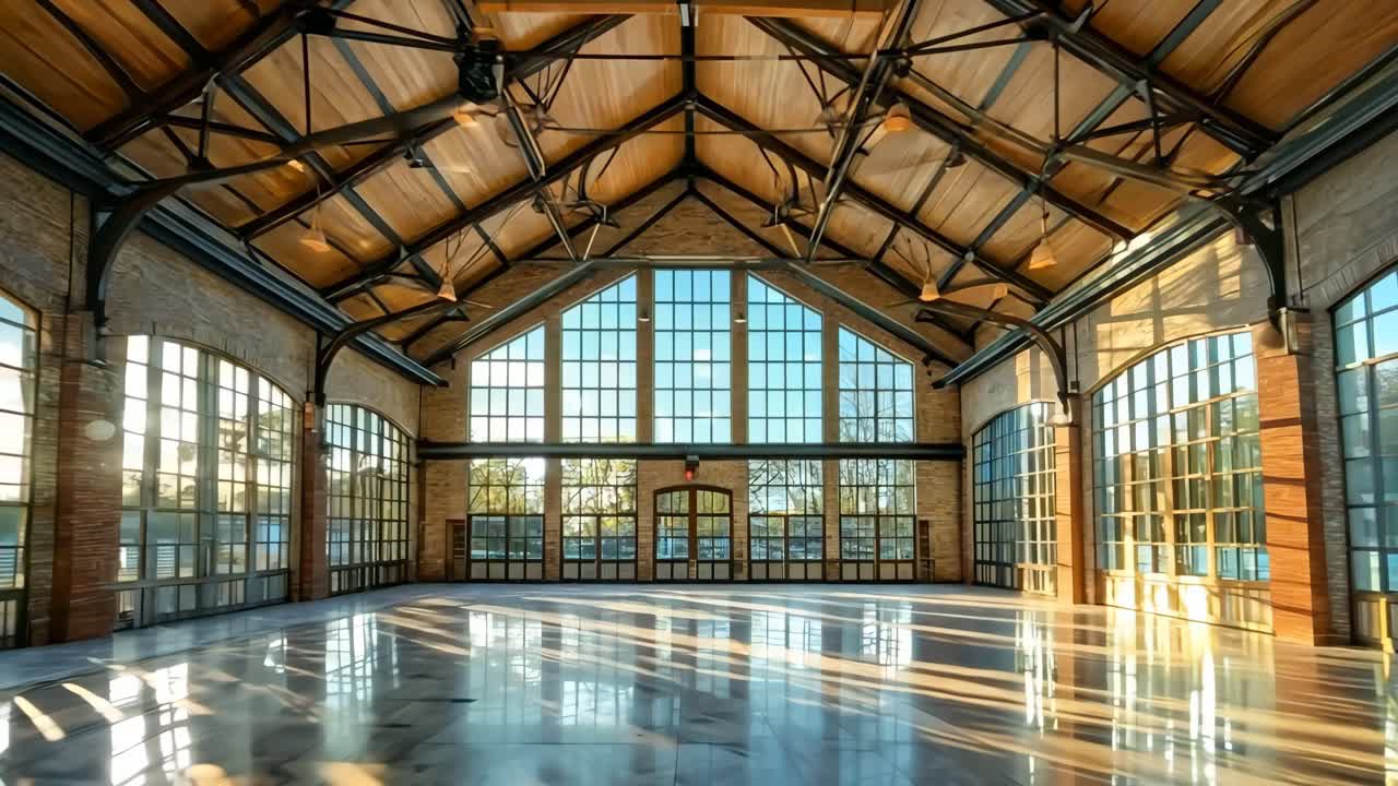 A large empty gymnasium with large windows and a wooden ceiling