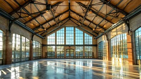 a large empty gymnasium with large windows and a wooden ceiling