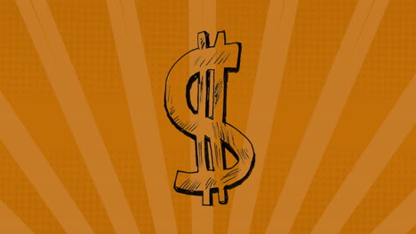 animation of dollar symbols over sunburst against orange background
